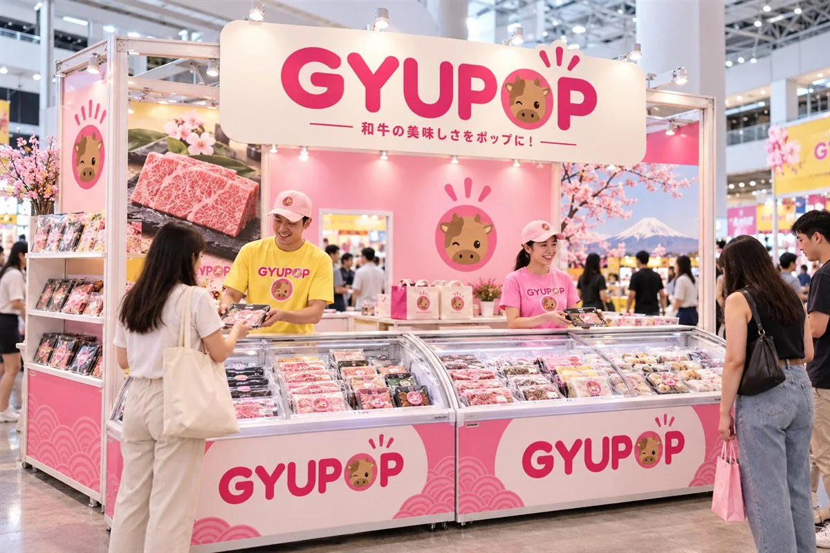 Concept of a pink GYUPOP booth with frozen Japanese foods